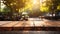 Empty wooden table surface closeup, blur cafe bar restaurant or retail shop interior background, bokeh lights