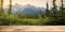 The empty wooden table top with blur background of Alaska nature. Exuberant.