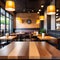 Empty wooden table top with blur coffee shop or restaurant interior background