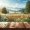 Empty wooden table top with blurred nature background. Meadow with flowers, blue sky in calm sunny day