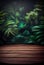 Empty wooden table top product display showcase stage with tropical lush jungle leaves background. Generative ai