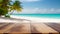 Empty wooden table top product display showcase stage with tropical summer beach background. Generative ai