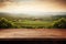 Empty wooden table top, vineyard view out of open window