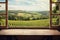 Empty wooden table top, vineyard view out of open window