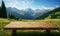 Empty wooden tabletop against beautiful alpine landscape, generated by ai