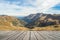 Empty wooden terrace with Austria national park view