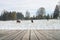 Empty wooden terrace with Austria national park view on backgroud