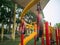 Empty worn and old monkey bars in the park. Healthy outdoor activity for kids. Sport for young children