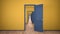 Empty yellow and blue architectural interior with infinite open doors, endless corridor of doorway, walkaway, labyrinth. Move