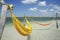 Empty Yellow Hammocks Tropical Beach Sea