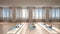 Empty yoga studio interior design, classic space, parquet floor, walls with stucco, mats, pillows and accessories, ready for yoga