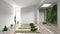 Empty yoga studio interior design, open space with mats, pillows and accessories, parquet, vertical garden and succulent plants