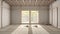 Empty yoga studio interior design, open space with mats, pillows and accessories, tatami, futon, wooden roof, window with zen