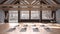 Empty yoga studio interior design, space with hammock, mats, pillows and accessories, wooden floor and roof, ready for yoga