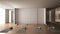 Empty yoga studio interior design, space with mats, hammocks, pillows and accessories, parquet, mirror, room divider and big