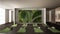 Empty yoga studio interior design, space with mats, hammocks, pillows and accessories, parquet, mirror, vertical garden and big