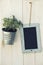 Empy blackboard and pot with plant on wooden surface