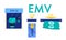 EMV chip payment method concept. Smart credit or debit card for online banking. Automated teller machine ATM with depositing and