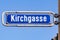 enamel street name sign Kirchgasse - engl: cherry path - in Wiesbaden, Germany