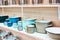 Enameled kitchen stock pots in store