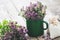 Enameled mug of thyme flowers. Herbal medicine.