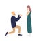 Enamored man making offer holding ring to surprised woman vector flat illustration. Elegant cartoon male standing on