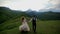 Enamored newlyweds walk in the evening in the meadow against the backdrop of beautiful mountains