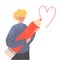 Enamoured Man Drawing Love Heart with Big Pencil Feeling Passion Vector Illustration