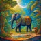 Encaustic art of mosaic jungle with an amazing elephant in the center, old mosaic, bright light, fantasy, animal creatures