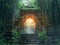 Enchanted Ancient Forest Temple with Sunlight Peering Through Mystical Fog Fairytale Fantasy Scenery Digital Illustration