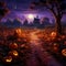 Enchanted Autumn Scene with Twisted Trees and Abundant Pumpkins, Generative AI