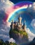 Enchanted castle in the clouds with a rainbow arcing overhead