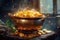 Enchanted cauldron filled with golden coins, emitting a magical glow and smoke