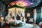 Enchanted Child\\\'s Bedroom with a Whimsical Forest Theme: Canopy Bed Entwined with Twinkling Fairy Lights