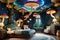 Enchanted Children\\\'s Bedroom: Oversized Mushroom Doubling as a Nightstand, Walls Adorned with Softly Whimsical Decor