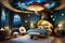 Enchanted Children\\\'s Bedroom: Oversized Mushroom Doubling as a Nightstand, Walls Adorned with Softly Whimsical Decor