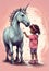 Enchanted Connection: Girl is about to Pet a Unicorn in Hand-Drawn Scene