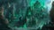 Enchanted Crystal Metropolis: Ethereal Green Glow of a Fantastical City