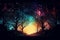 Enchanted dark forest multicolored space for text. AI Generative