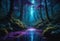 Enchanted Depths: Realistic (Moon) Sunlit Forest with Bioluminescent Mystique, Blue and Purple magic