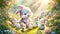 Enchanted Easter Bunnies with Eggs in Magical Garden, Whimsical Spring Scene