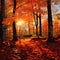 Enchanted Ember: A mesmerizing dance of autumn leaves sets a mystical forest ablaze with vibrant shades of red and