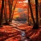 Enchanted Ember: A mesmerizing dance of autumn leaves sets a mystical forest ablaze with vibrant shades of red and