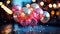 Enchanted Evening Balloons. Translucent balloons with sparkling lights inside, set against a backdrop of city bokeh, evoking a