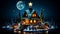Enchanted Forest: Christmas and New Year Background with Wooden House and Full Moon