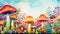 The Enchanted Forest: A Colored Drawing of a Mushrooms Field wit
