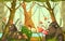 Enchanted forest or magic woodland, vector banner