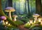 Enchanted forest with mushrooms and fairy lanterns