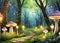 Enchanted forest with mushrooms and fairy lanterns