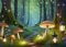 Enchanted forest with mushrooms and fairy lanterns
